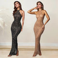 C7108 cross-border   fashion women's hotfix rhinestone bodycon sexy halter neck maxi dress