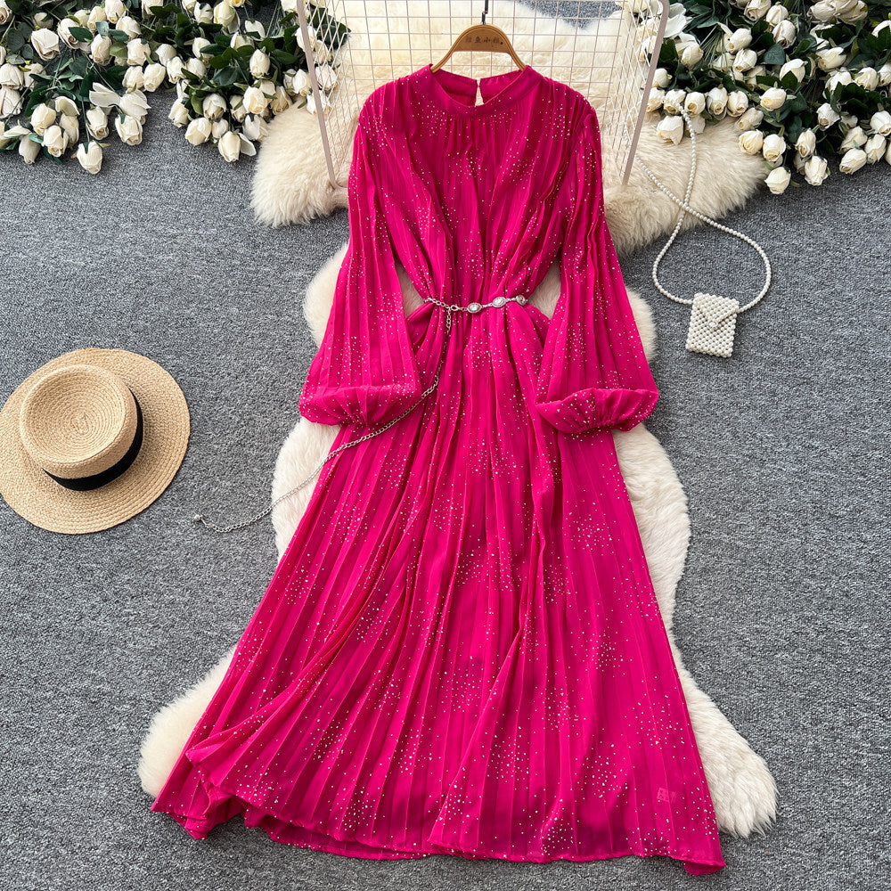 French style pleated bodycon dress - women's spring long sleeve a-line dress - cinched waist, elegant and gentle long dress