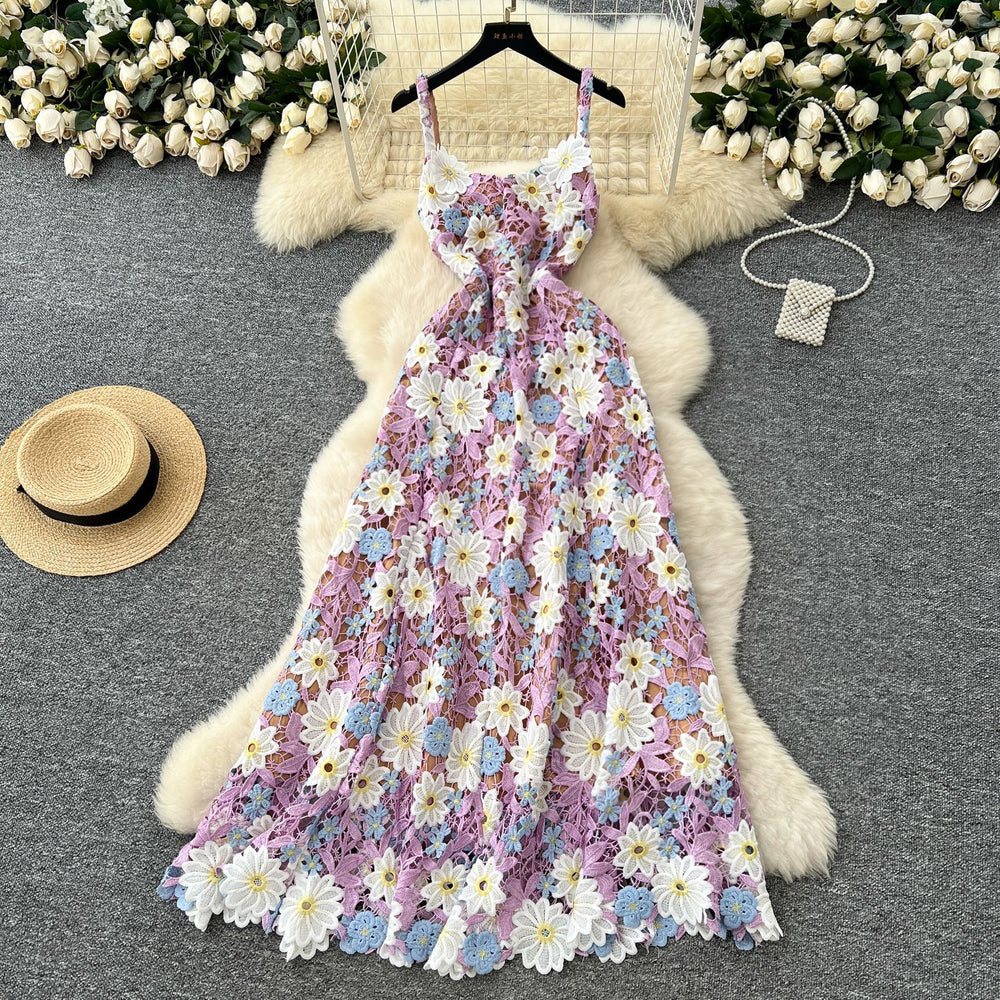 High-end women's luxury party dress: exquisite colorful hollow-out crochet lace camisole dress with cinched waist - summer  collection