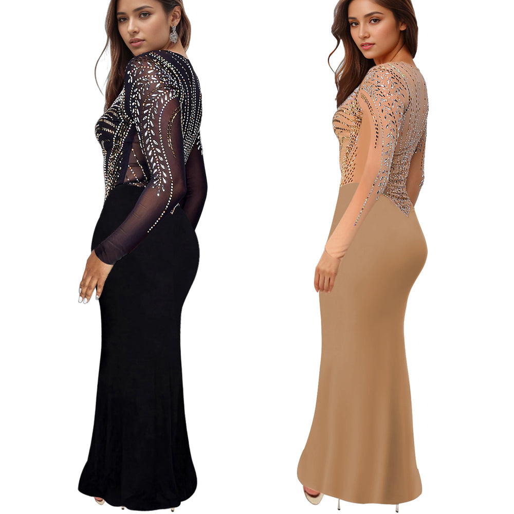 C7042 cross-border   independent station fashion women's hot diamond solid color long sleeve dress new