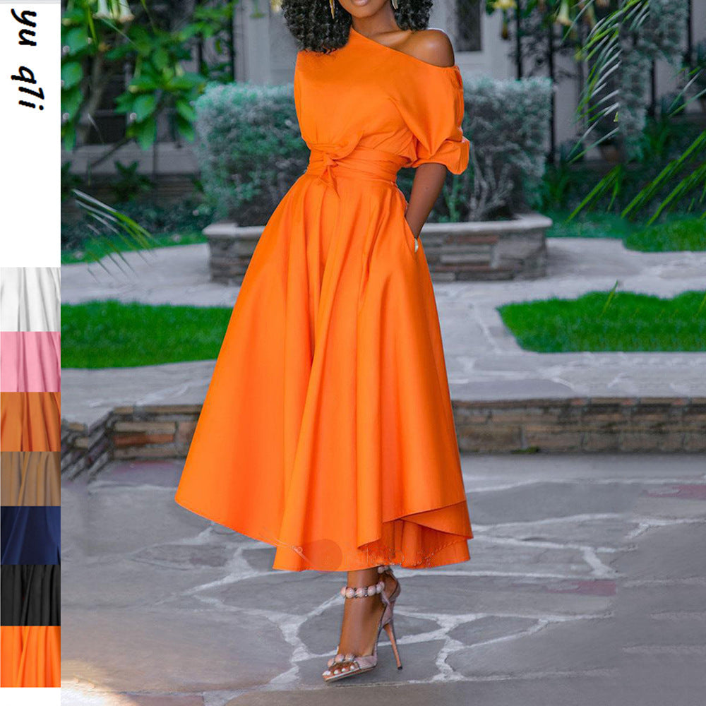 summer new cross-border e-commerce  european and american style women's one-shoulder tie-waist midi dress/midi skirt