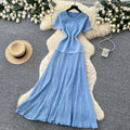 French style beaded short-sleeve dress - women's summer gentle high-waisted a-line dress - slimming and figure-flattering for work and casual wear