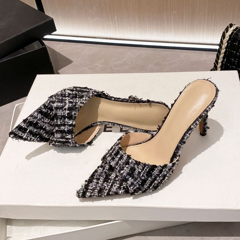 Wo huizhou 2026 new arrival high heels fashion tweed style pointed toe stiletto open toe woolen dark brown woolen black