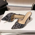 Wo huizhou 2026 new arrival high heels fashion tweed style pointed toe stiletto open toe woolen dark brown woolen black