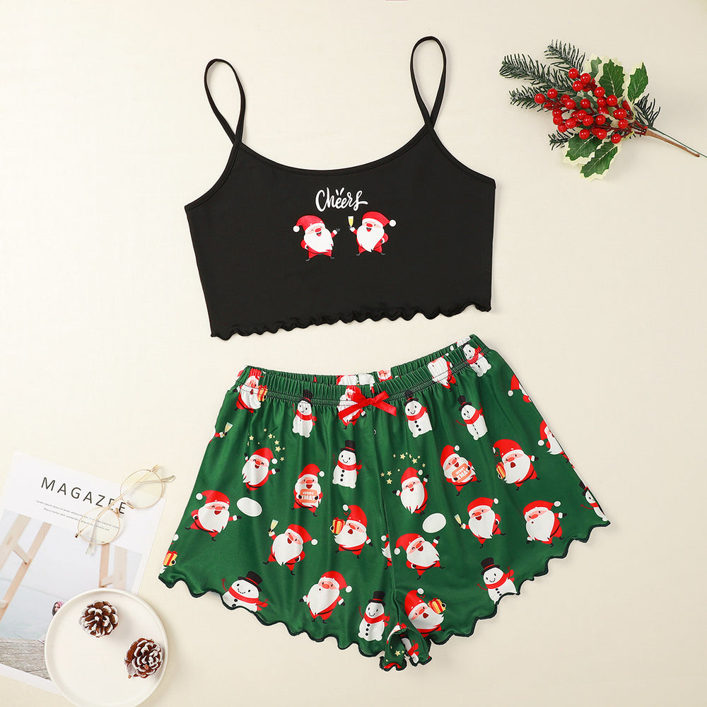 hot-selling christmas european and american style thin pajamas simple printed suspender milk silk shorts sexy two-piece set