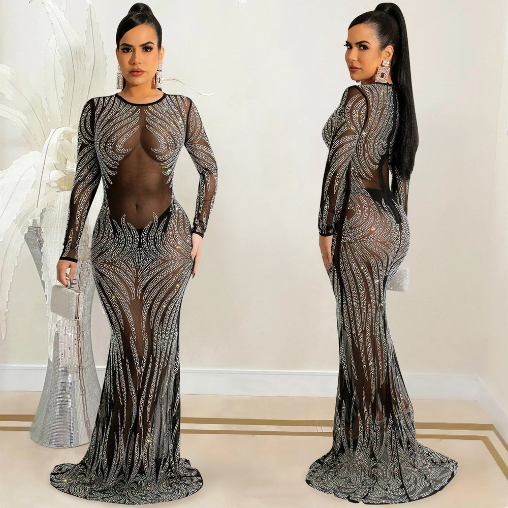 X5606 cross-border   nightclub style sexy rhinestone mesh see-through long sleeve maxi dress for women