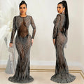 X5606 cross-border   nightclub style sexy rhinestone mesh see-through long sleeve maxi dress for women