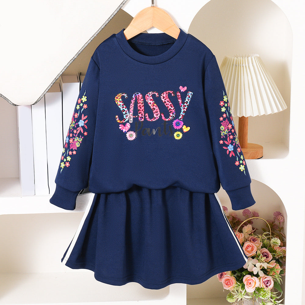 girls' two-piece sweatshirt set: navy blue crewneck long sleeve top with letter and floral print skirt - kids' outfit