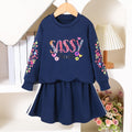 girls' two-piece sweatshirt set: navy blue crewneck long sleeve top with letter and floral print skirt - kids' outfit