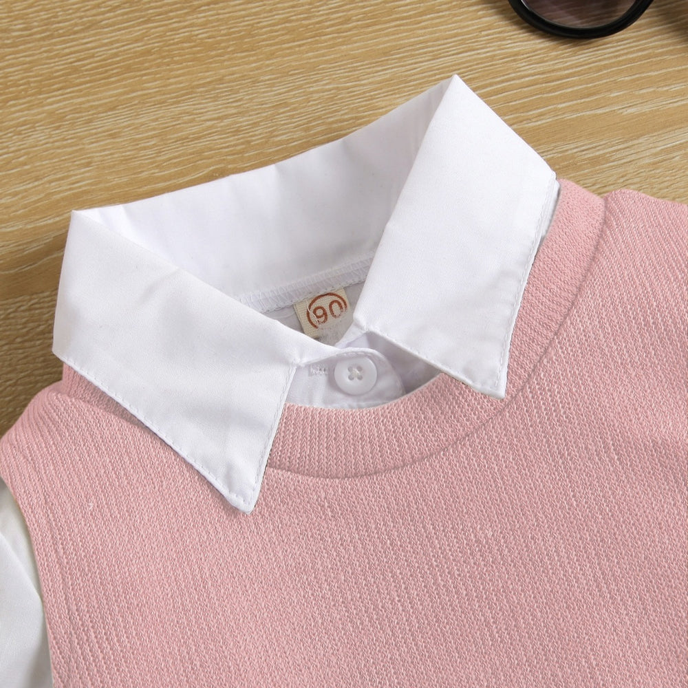girls' autumn new arrival: collared long-sleeve ruffle princess dress shirt dress knitted vest two-piece set