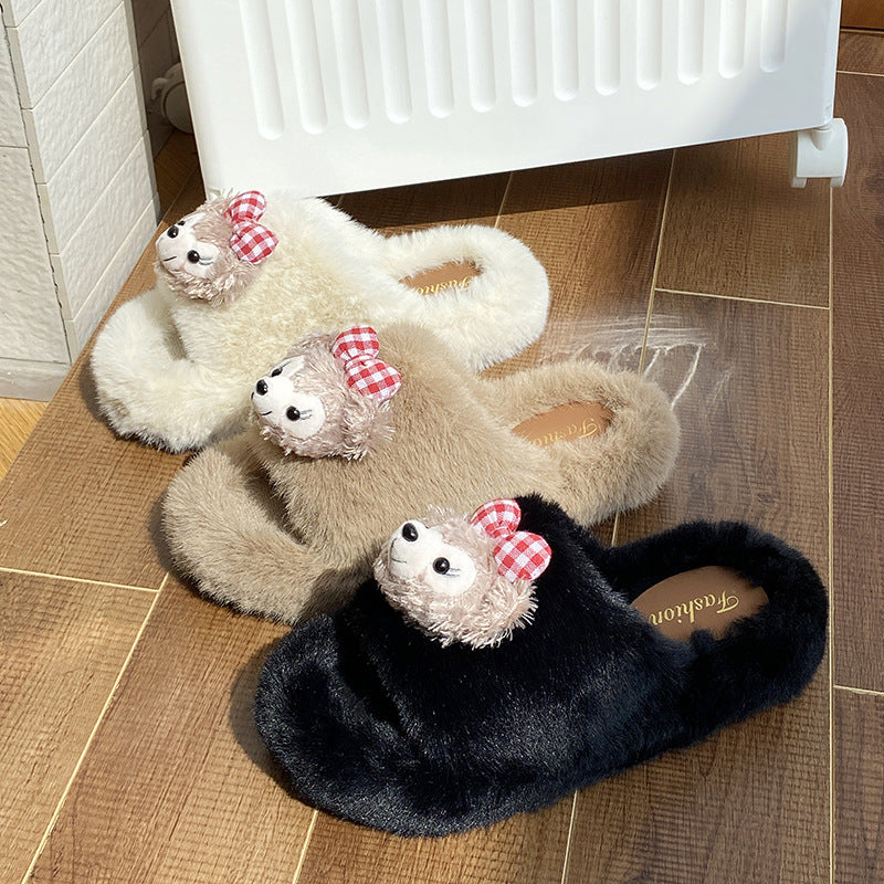 Cute cartoon fluffy slippers for women - new autumn/winter collection: thick-soled, comfortable, soft, and fuzzy one-strap cotton slippers
