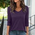 european and american cross-border new arrival: slim-fit, versatile solid color v-neck pocket pullover three-quarter sleeve t-shirt - women's casual top