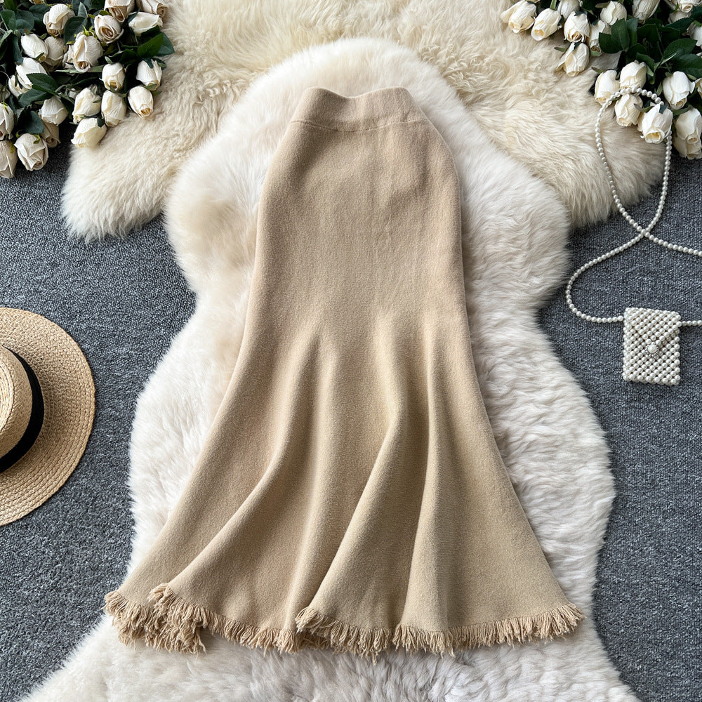 Frenchhigh waisteasiest for match skirt women fall and winter2025new arrivalclassy slimming look silm tassel fishtail knitting skirt