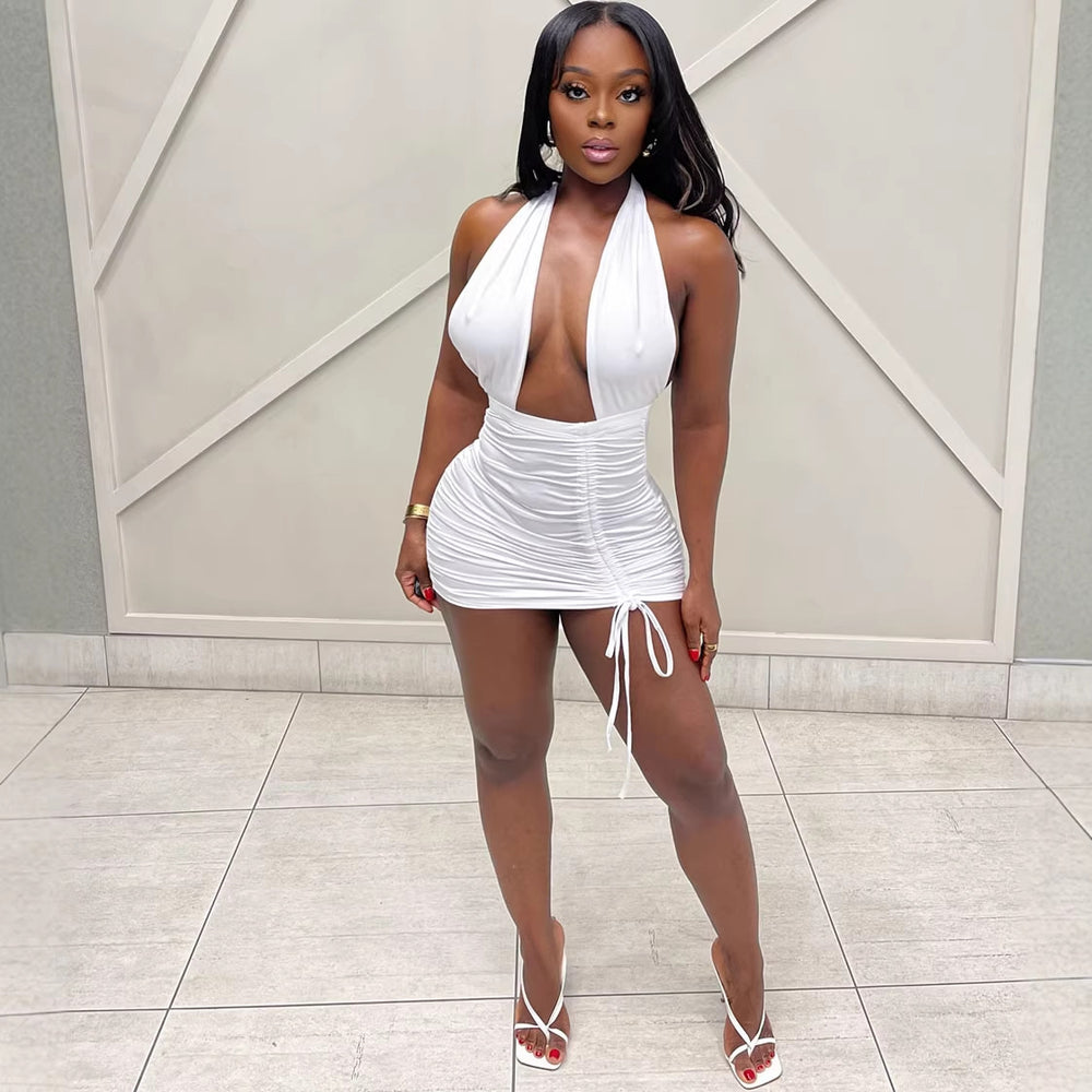 European and american sexy dress  new cross-border women's clothing drawstring pleated v-neck halter backless mini dress