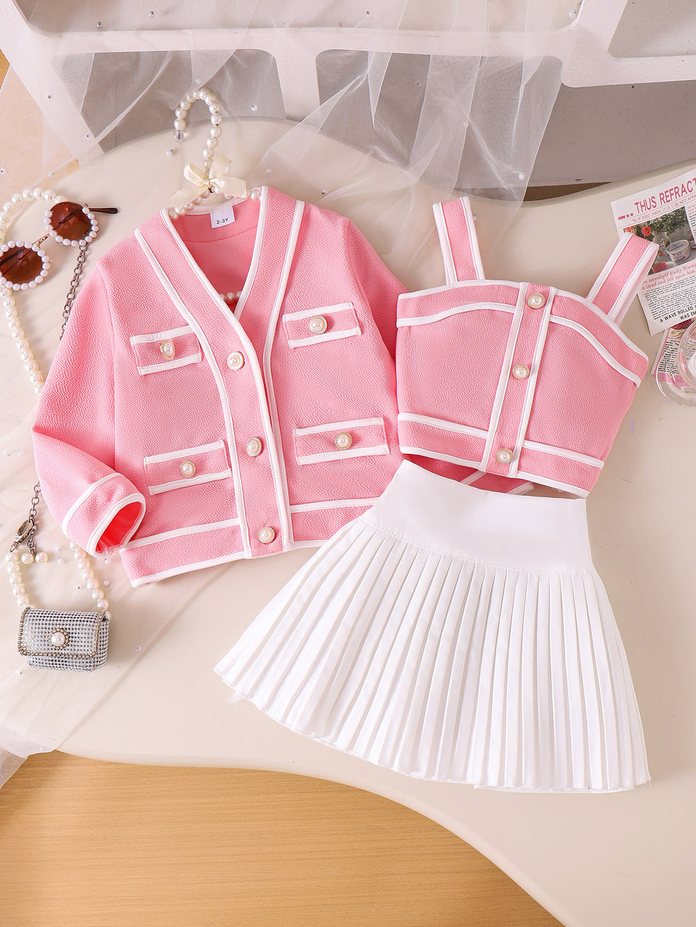 Children's clothing shein cross-border girlsuitlong sleevesoutwear vest pleated skirt