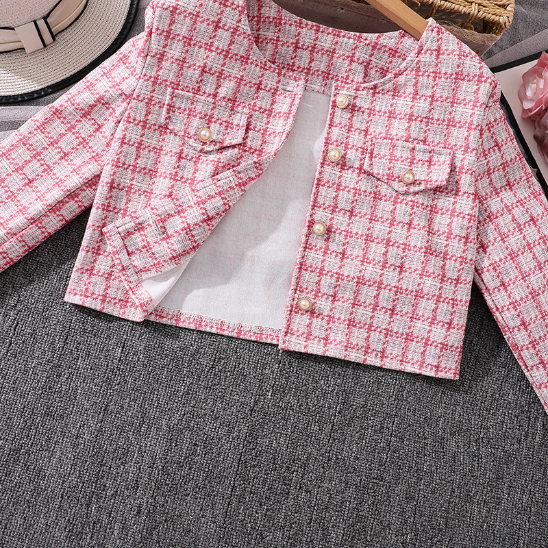 european and american girls' outfit: long-sleeved chanel-style jacket + solid color vest + plaid midi skirt three-piece set