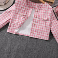 european and american girls' outfit: long-sleeved chanel-style jacket + solid color vest + plaid midi skirt three-piece set