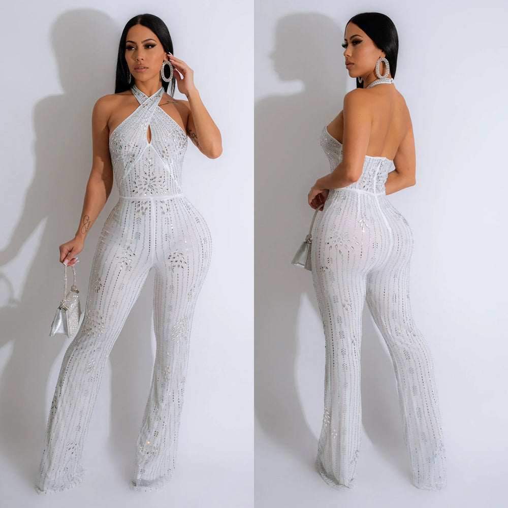 C6867 cross-border   fashion women's solid color rhinestone sleeveless halter neck pants jumpsuit
