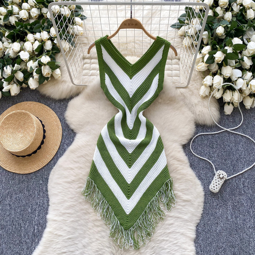 Women's vacation outfit: summer retro color block argyle slim fit asymmetrical tassel dress