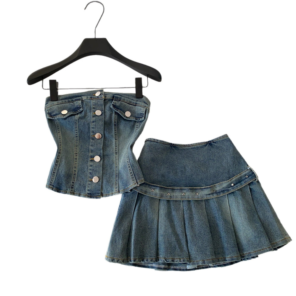 Exportretro denim style tube topvest pleated skirt two-piece set women's summer slimming look suit