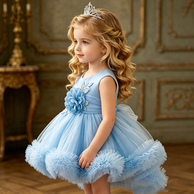 Baby girl's first birthday party dress, featuring a train, high-low hem, perfect for flower girls and princesses. cross-border, european and american style