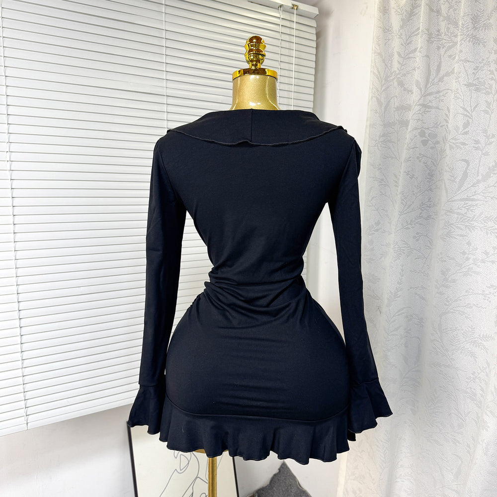 Exportspring & fallnew arrivalrufflesv neck silmlong sleevesdresssexy silm hip-covering waist short skirt dress