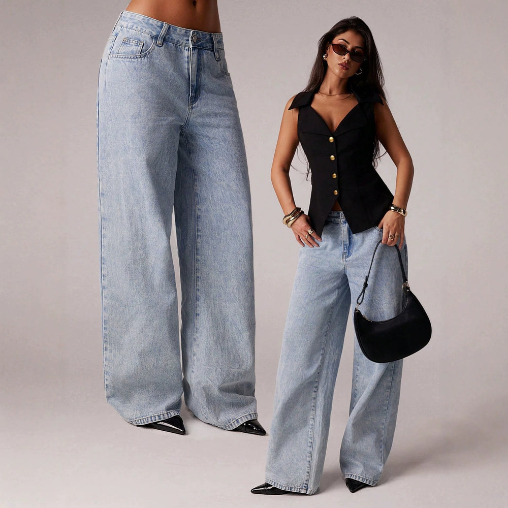 Fashionjeans women's snowflake washed loose pants retro light blue high waist lazy style loose drape denim pants