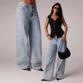 Fashionjeans women's snowflake washed loose pants retro light blue high waist lazy style loose drape denim pants