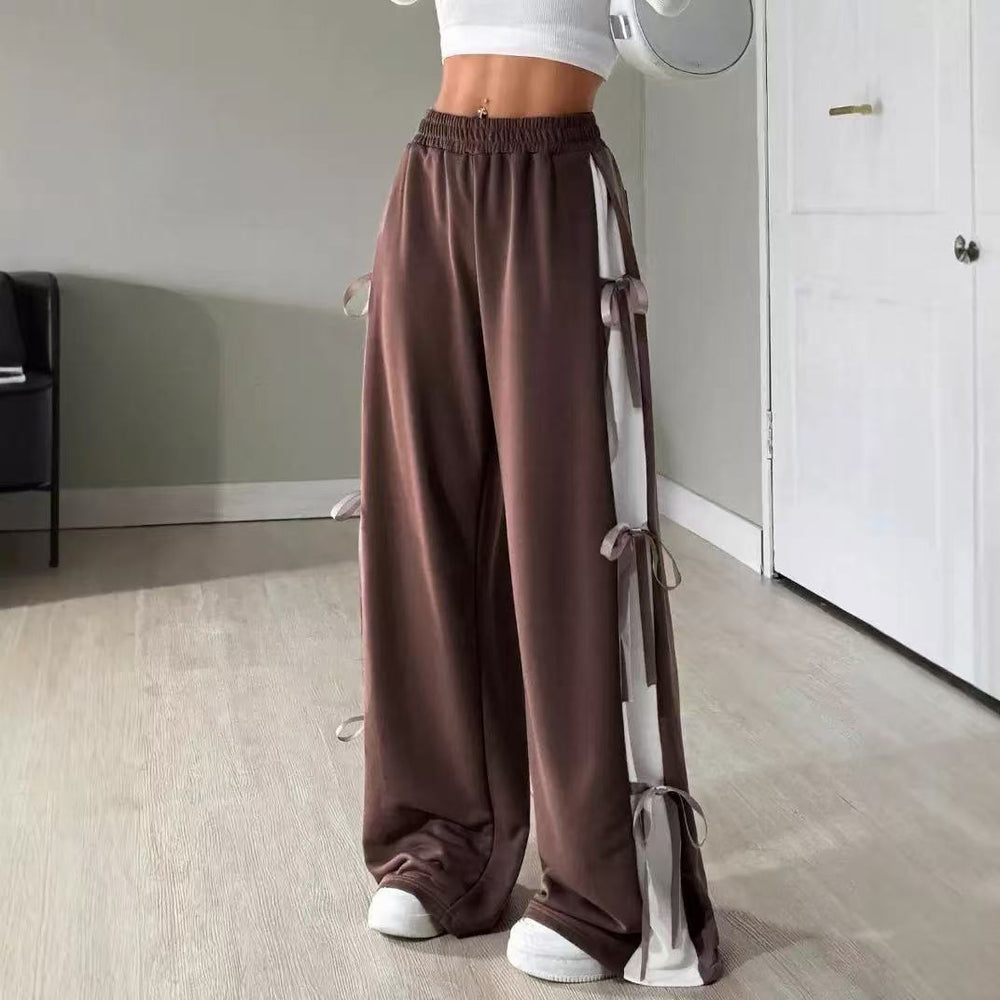 european and american style women's spring/autumn elastic waistband color-blocked straight-leg casual white athletic pants with bow detail