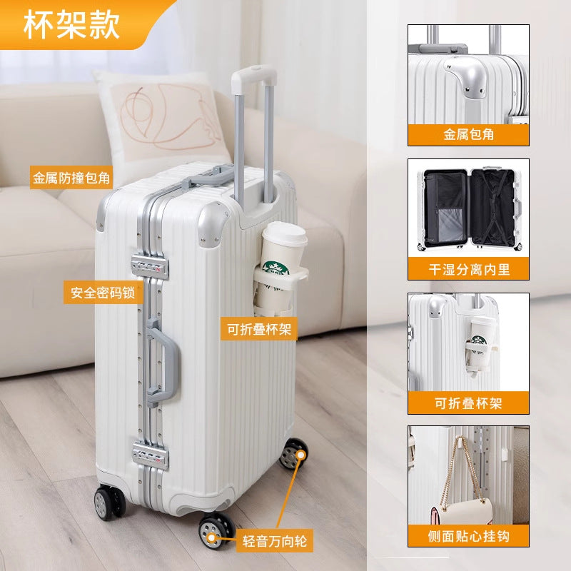 Cup holder aluminum frame suitcase women's scratch-resistant wear-resistant trolley case men's universal wheel password case fashion travel box trend