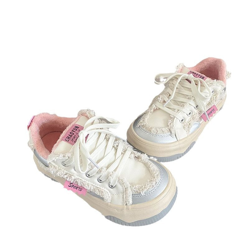 Niche stylefleece-linedthickenedheattech bread shoes easiest for match short velvet cotton shoes 2026new arrivalwinterthick sole big toe sneakers for women
