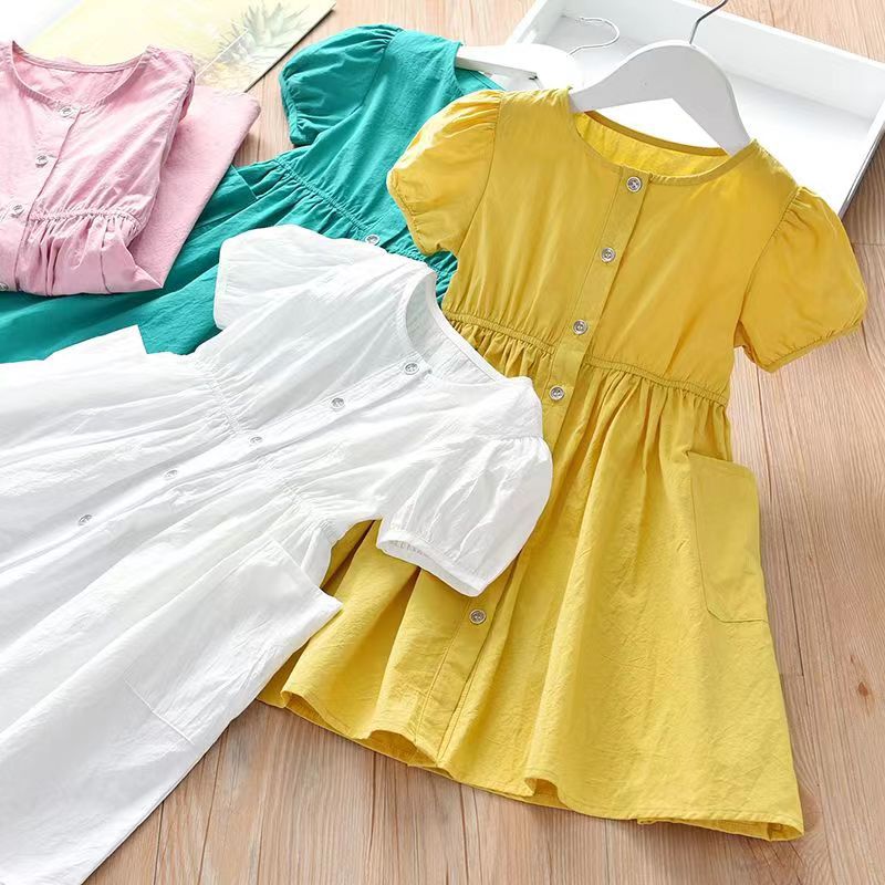 Girls' summer dress  new style chic cardigan slip dress baby solid color princess dress kids short sleeve skirt