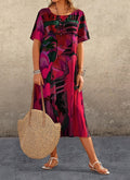 european and american cross-border fashion casual printed dress - summer short sleeve tie-waist round neck loose beach maxi dress
