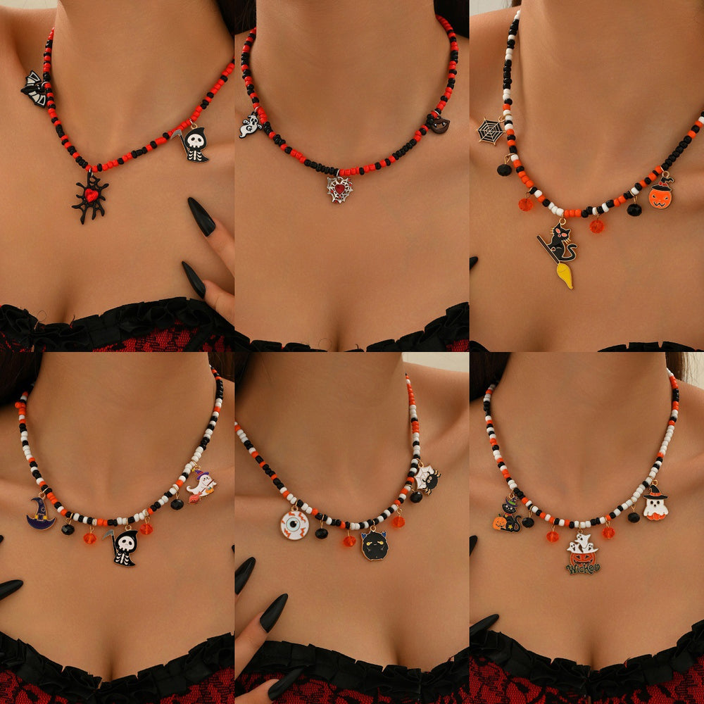 Halloween necklace wholesale fashion funny pumpkin ghost cat pendant horror contrast color rice beads string clavicle chain