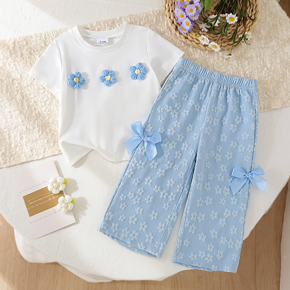 Kids clothing  cross-border new arrivalfashion spring & fallgirlwhite short-sleeved t-shirt + blue pants