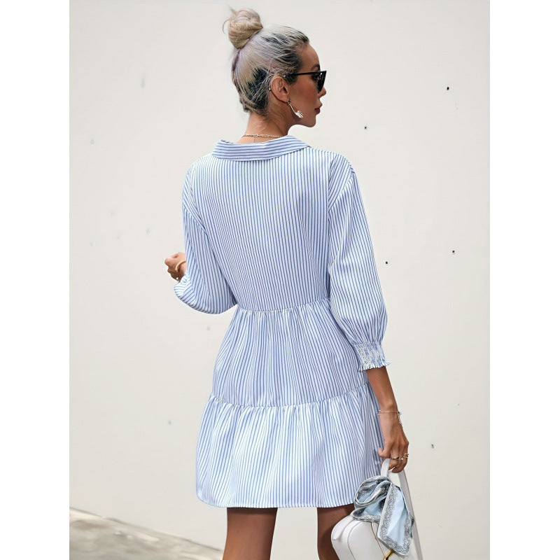 code new arrival  original women's elegancestripes lapel ruffles hem a-line skirt
