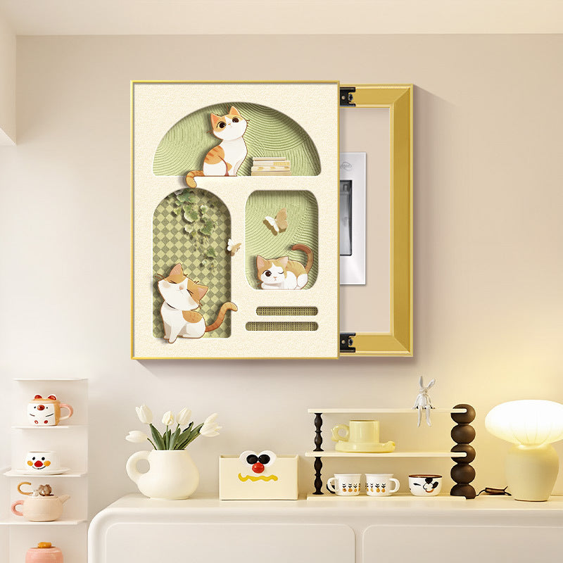 Healing Meter Box Decorative Painting Cream Wind Kitten Switch Box Switch Box Push-Pull Vertical Block Wall Painting
