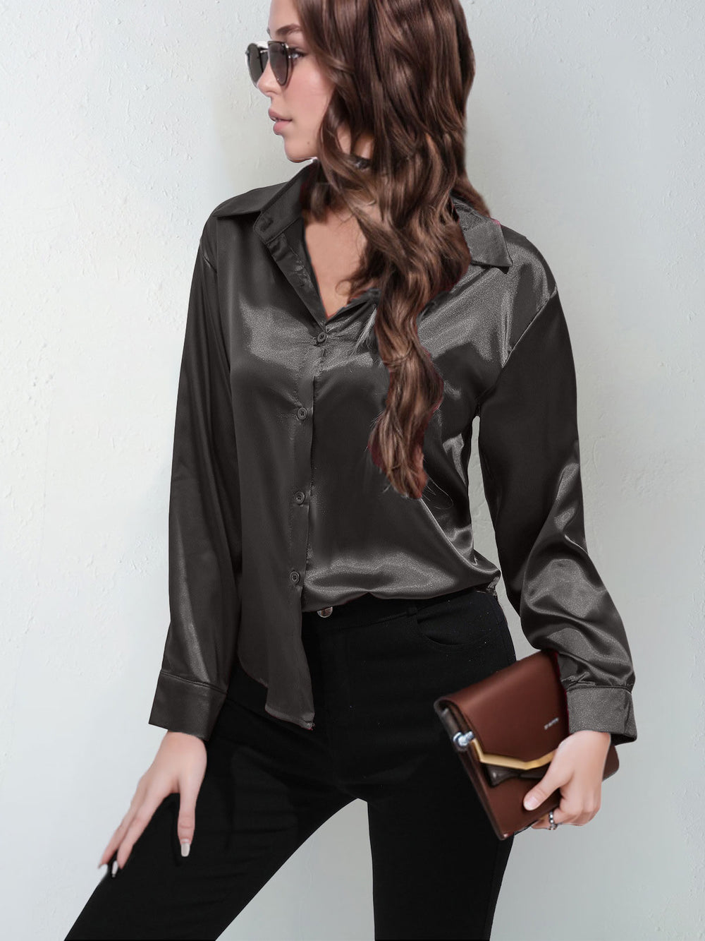 Satin shirt women's satinartificial silk long sleeves  best sellingpure colortopselegance button front lapel shirt