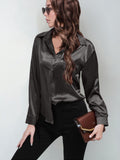 Satin shirt women's satinartificial silk long sleeves  best sellingpure colortopselegance button front lapel shirt
