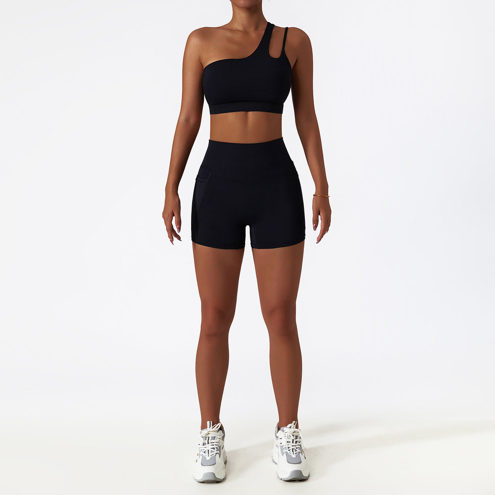 breathable quick-drying tight-fitting yoga clothes flap pocket pants running sports suit diagonal shoulder naked fitness suit6425