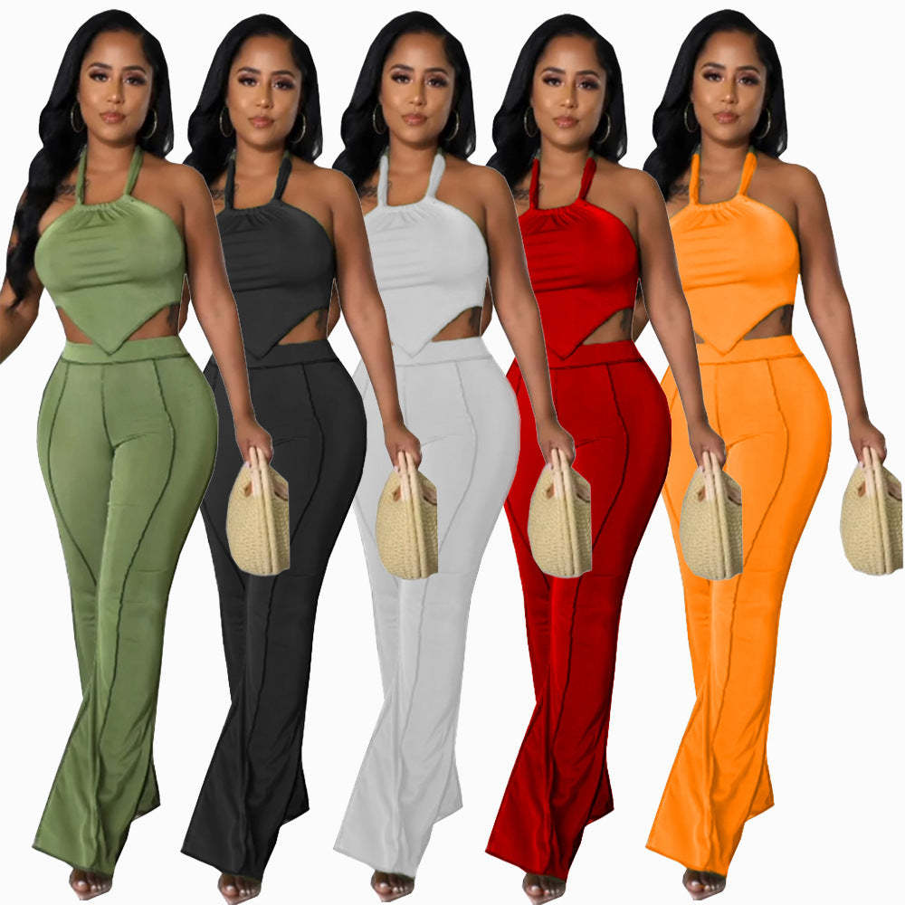 new european and american style women's foreign trade  nightclub sexy irregular strappy off-shoulder top and skirt set