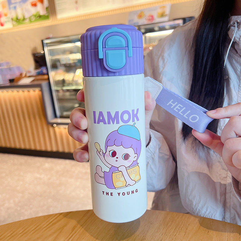 Cartoon red panda straight body insulated water bottle, 316 stainless steel, large capacity, dual-drink kids' water bottle, cute straw cup