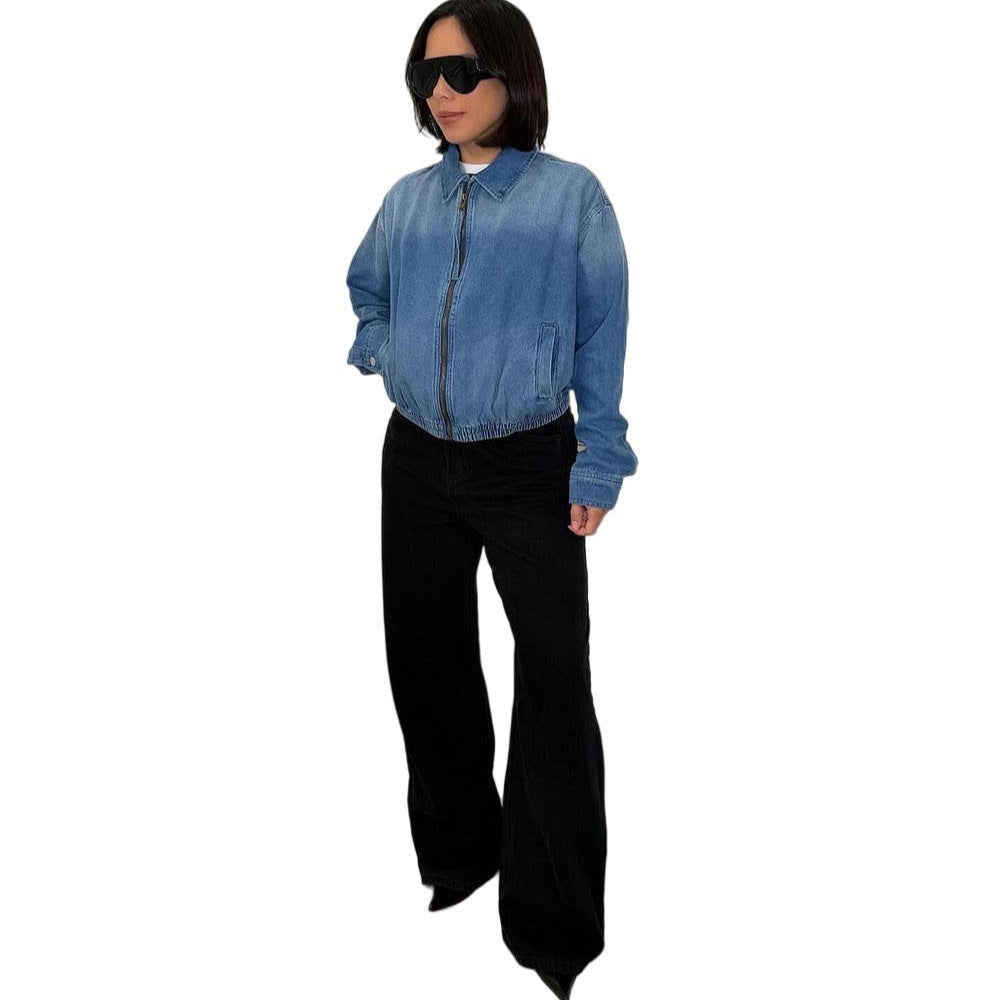 European and american style women's casual denim jacket - new  foreign trade women's washed long sleeve zip-up outerwear