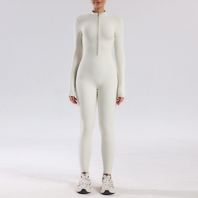 One-piece nude zipper stand-up collar slim-fitting long-sleeved one-piece yoga suit women's running fitness sports full-body onesie