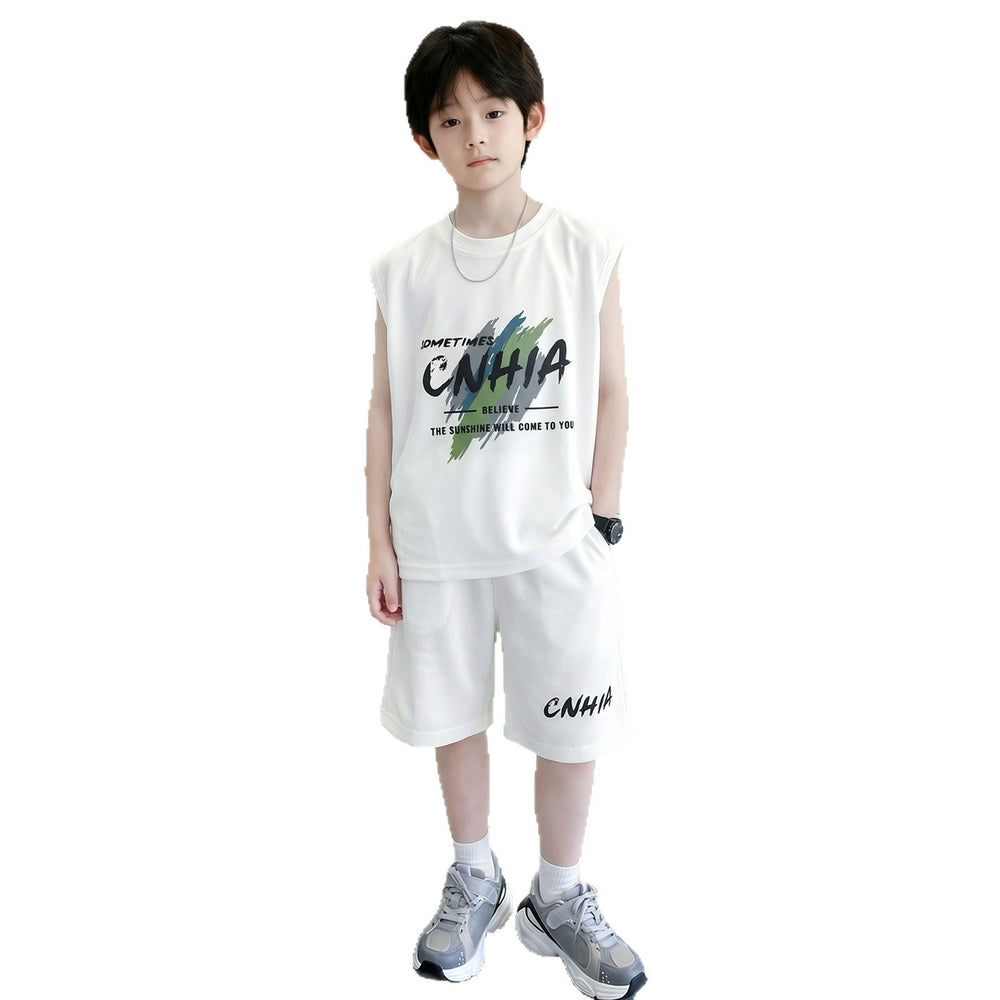 Boys' summer loose-fit two-piece set: sleeveless, trendy, minimalist print short t-shirt and shorts - new  collection
