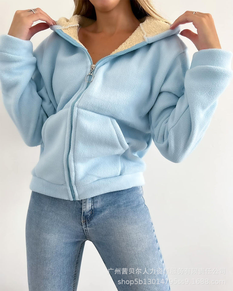 LZR18884 European and American women's clothing autumn and winter fleece warm multi-color primer fleece casual health hat cardigan