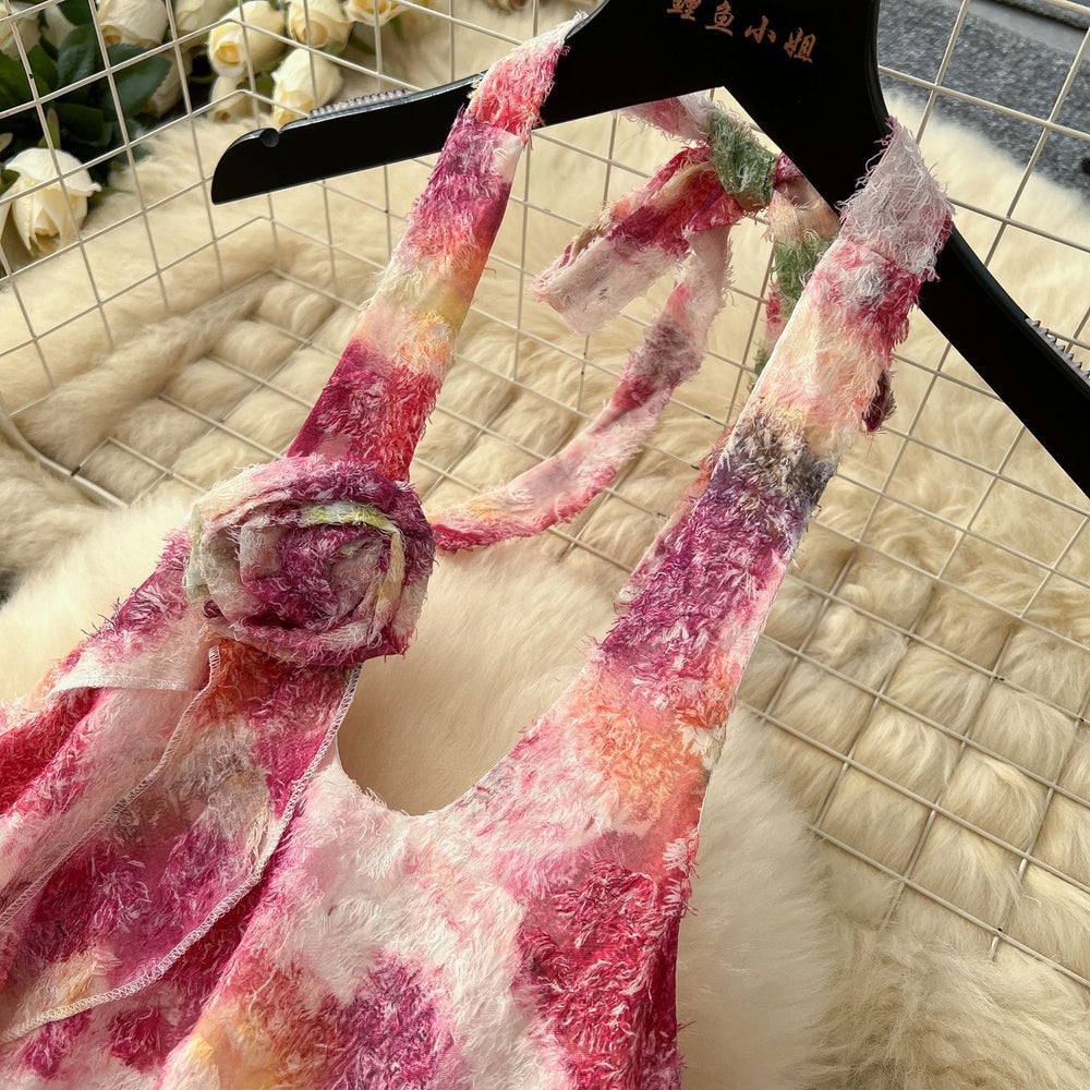 Summer 3d floral halter neck cami dress - loose fit, a-line, short, with ruffle hem - perfect for vacation