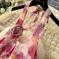 Summer 3d floral halter neck cami dress - loose fit, a-line, short, with ruffle hem - perfect for vacation