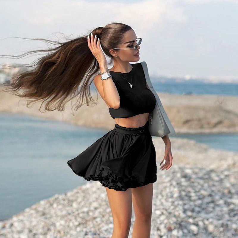 new european and american style women's fashion vacation outfit: sexy backless tank top and midi skirt casual two-piece set