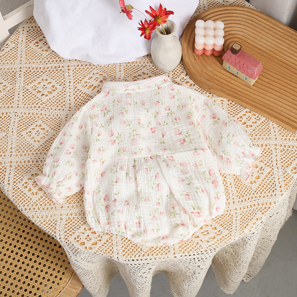 Baby spring & fall long-sleeve princess romper - floral print bodysuit for baby girls - korean style spring jumpsuit - trendy one-piece